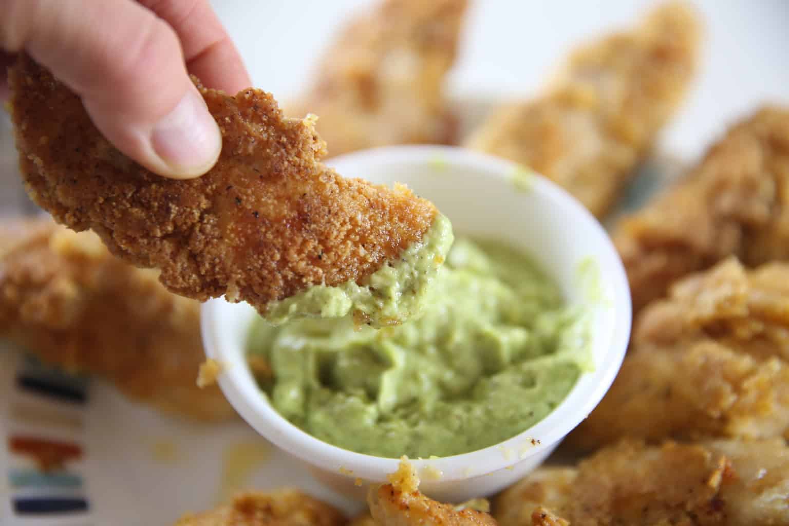 The Best Paleo Chicken Strips With Creamy Avocado Dipping Sauce